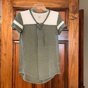 SO green and white tie-up shirt size small